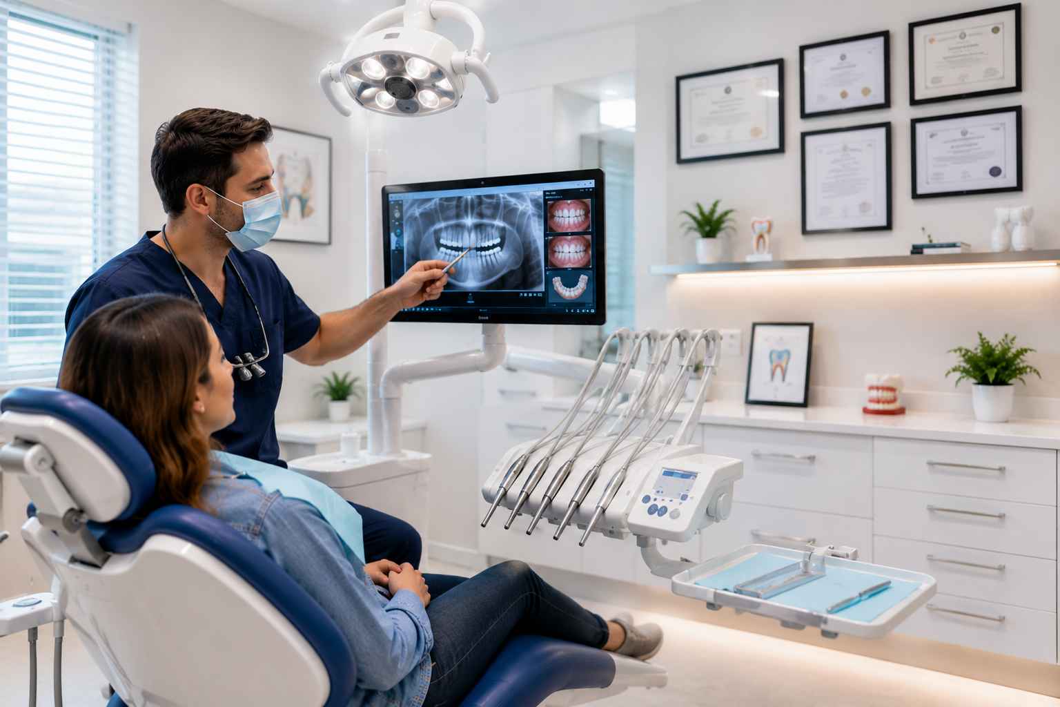 Experienced dentist discussing dental treatment with a patient inside a modern dental clinic.